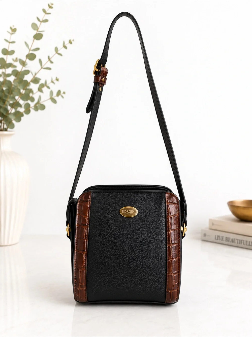 Bally Black Brown croc embossed Leather Crossbody Shoulder Bag